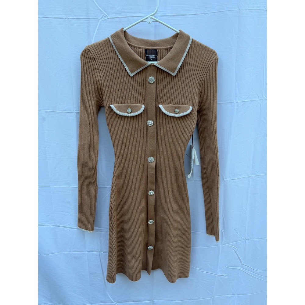 Grand Street Studios Camel Ribbed Knit Rhinestone Button Polo Mini Dress M NEW